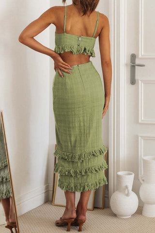 Fringe-Accent Cutout Midi Dress