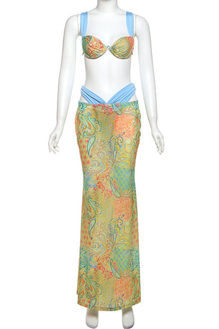 Vibrant Paisley Skirt Set with Twist Top