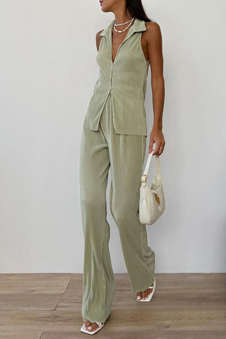 Collared Button-Front Pants Set