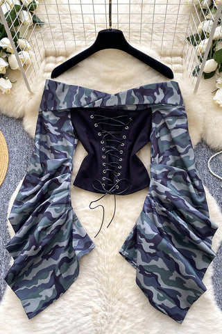 Off-Shoulder Lace-Up Blouse