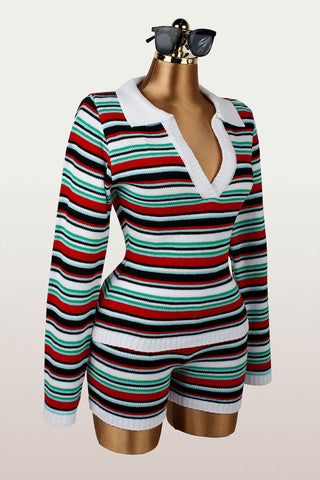 Striped V-Neck Shorts Set