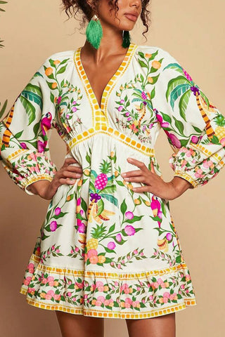Tropical Print V-Neck Casual Dress