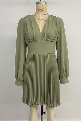 Pleated V-Neck Casual Dress
