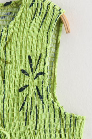 Smocked Tie-Front Top with Leaf Design