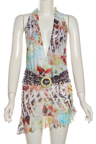 Tie-Neck Printed Casual Shorts Outfit