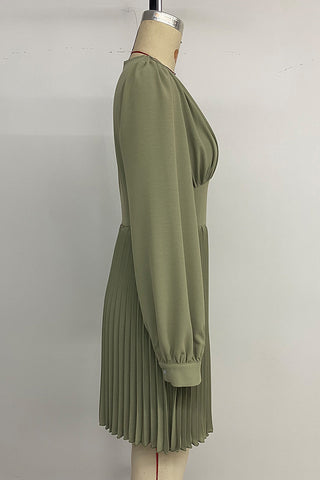 Pleated V-Neck Casual Dress