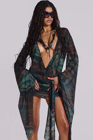 Tie-Front Sheer Sleeve Mini Dress