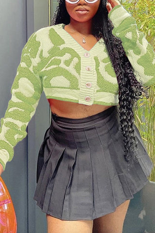 Buttoned Knit Cardigan with Artistic Pattern