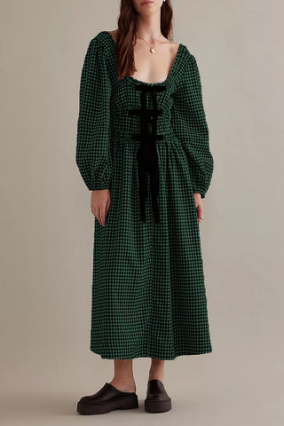 Gingham Puff-Sleeve Casual Dress