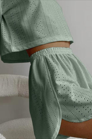 Eyelet Crop Top and Elastic Waist Shorts Set