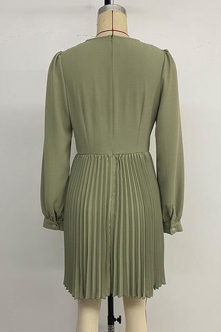 Pleated V-Neck Casual Dress