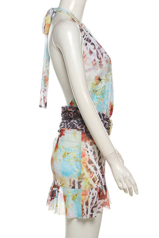 Tie-Neck Printed Casual Shorts Outfit