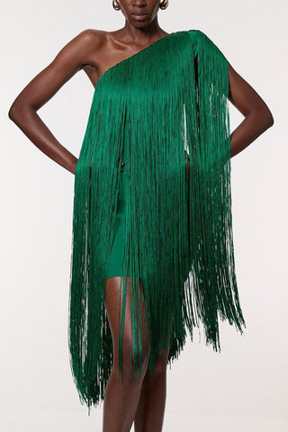 Fringe One-Shoulder Evening Dress