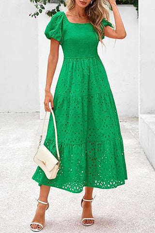 Square Neck Puff Sleeve Eyelet Dress