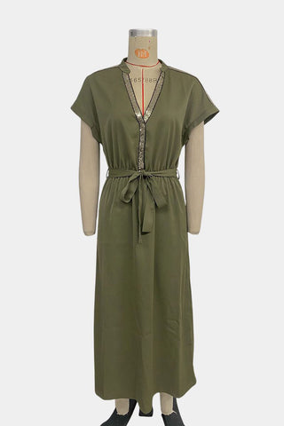V-Neck Belted Casual Dress
