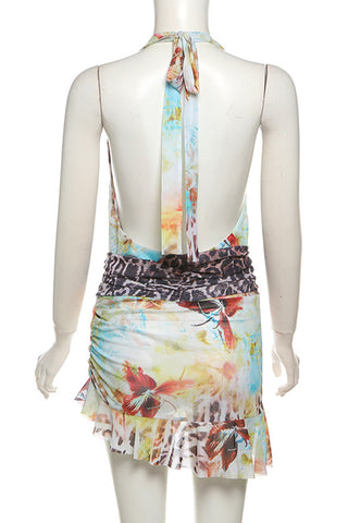 Tie-Neck Printed Casual Shorts Outfit