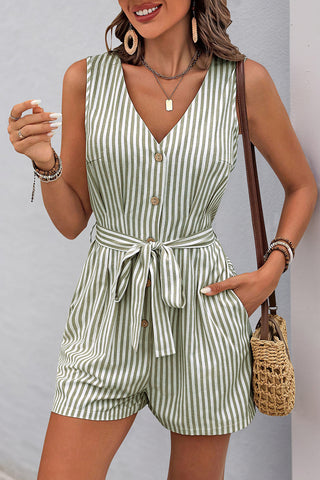 Striped Button-Front Tie-Waist Romper