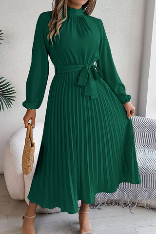 Pleated Midi Dress with Belt