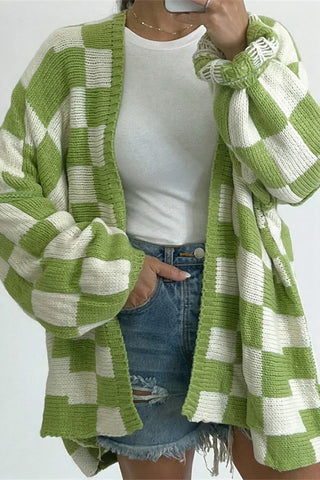Checkered Open-Front Cardigan