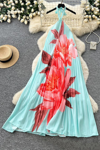 Floral Pleated Halter Dress