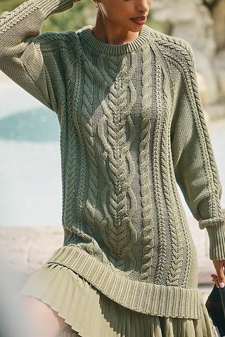 Cable Knit Casual Dress with Pleated Skirt