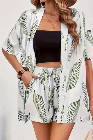 Patterned Kimono and Shorts Set