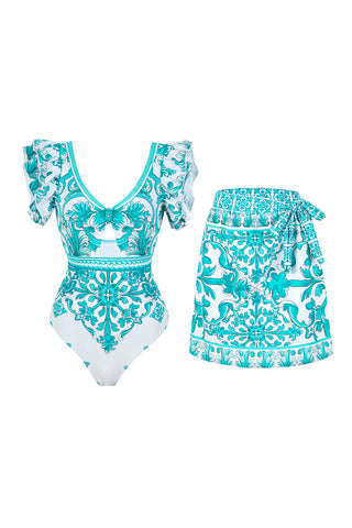 Print Ruffle Sleeve Swimsuit Set
