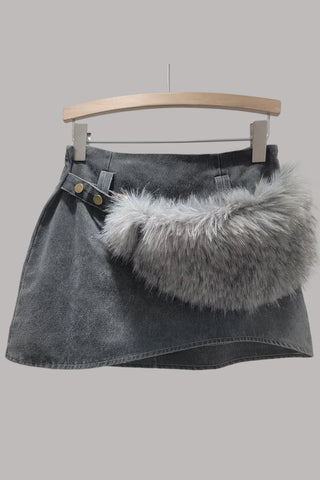 Button-Accent Fur Trim Mini Skirt