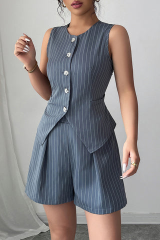 Button-Front Pinstriped Short Set