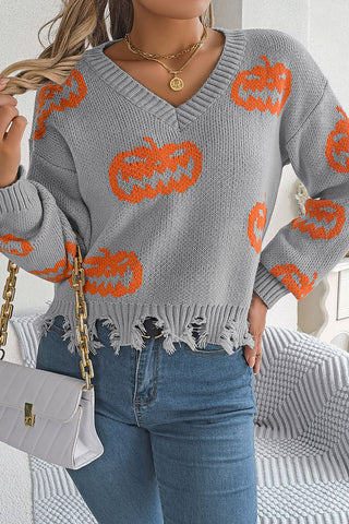 Pumpkin Detail Fringed Sweater