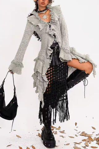 Ruffled Hem Cardigan with Flared Cuffs