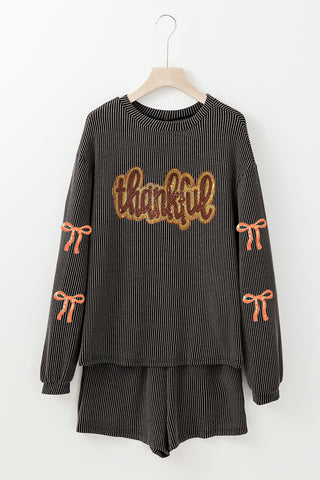 Thankful Letter Sequin Bow Sleeve Short Set