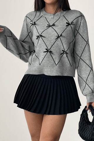 Bow-Accented Diamond Pattern Sweater