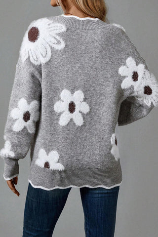 Floral Pattern V-Neck Sweater