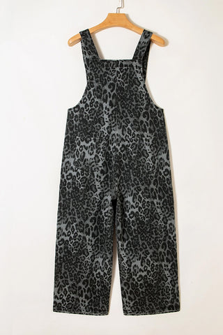 Leopard Print Button Strap Cropped Overalls