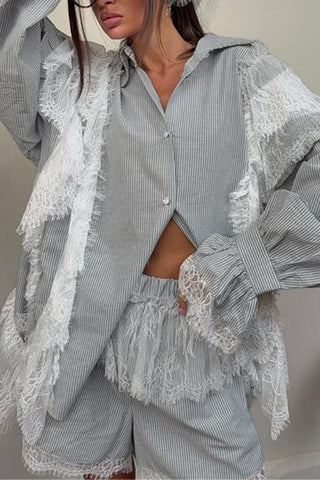 Lace-Trim Button-Front Short Set