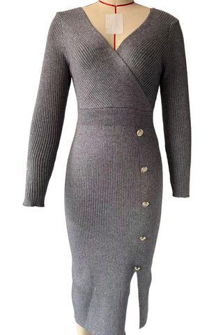 V-Neck Buttoned Casual Dress