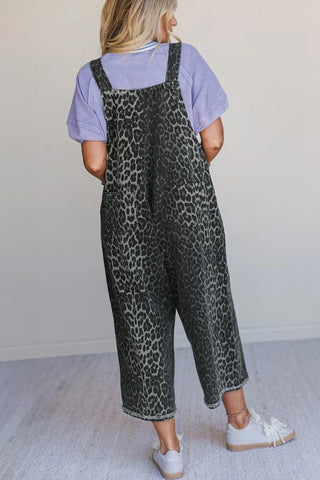Leopard Print Button Strap Cropped Overalls
