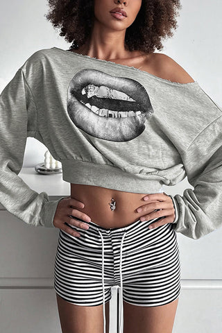 Graphic Lip Print Off-Shoulder Top