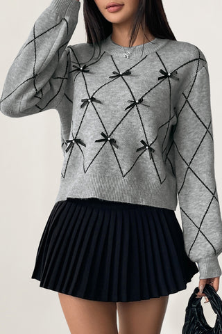 Bow-Accented Diamond Pattern Sweater
