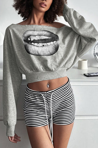 Graphic Lip Print Off-Shoulder Top