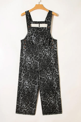 Leopard Print Button Strap Cropped Overalls