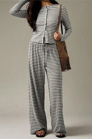 Striped Button Long Sleeve Pants Set