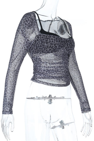 Ruched Mesh Long Sleeve Blouse