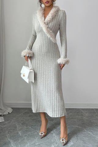 Fur-Trimmed Ribbed Midi Dress