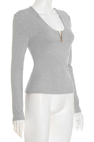 Deep V-Neck Long Sleeve Blouse