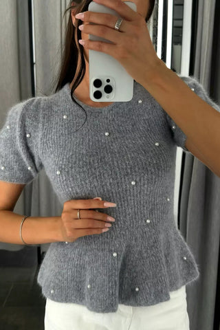 Short-Sleeve Peplum Sweater with Pearl Details