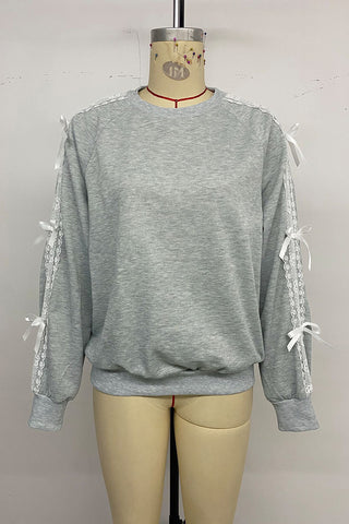 Lace Trim Sweatshirt with Bow Details