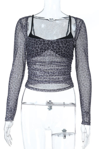 Ruched Mesh Long Sleeve Blouse