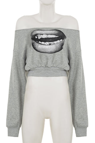 Graphic Lip Print Off-Shoulder Top